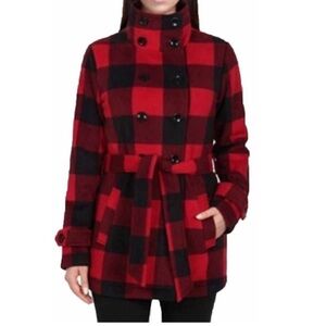 Pea Coat IKE Behar Womens M Red Black Buffalo Plaid Belted Double Breast Jacket